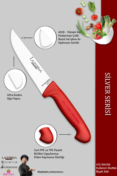 Lazbisa Silver Serisi Mutfak Bıçak Seti Et Ekmek Sebze Bıçağı 4 Lü Set Günlük Kullanım ( Mtf-205) - 3