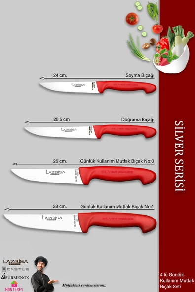 Lazbisa Silver Serisi Mutfak Bıçak Seti Et Ekmek Sebze Bıçağı 4 Lü Set Günlük Kullanım ( Mtf-205) - 2