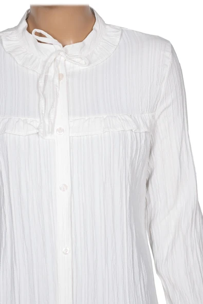 Hazel Kadın Yaka Roba Fırfırlı Kırışık Pamuk Keten Kırık Beyaz Gömlek - 2