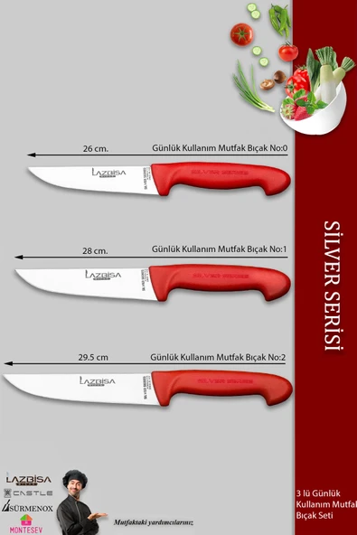 Lazbisa Silver Serisi Mutfak Bıçak Seti Et Ekmek Sebze Bıçağı 3 Lü Set Günlük Kullanım ( Mtf-220) - 2