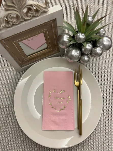 Gold Yaldızlı Pembe Bir Ömür El Ele Peçete 16 Adet