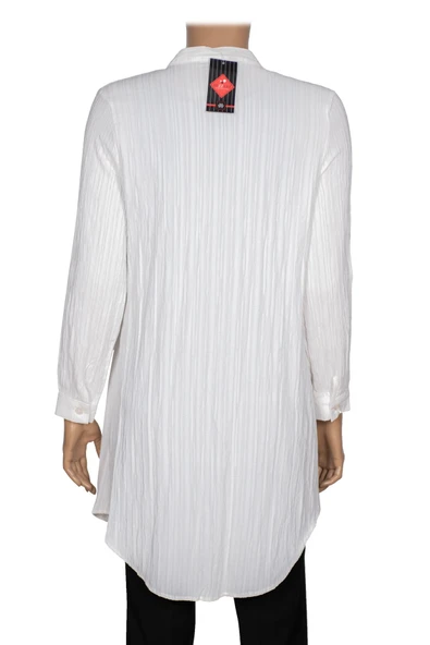 Hazel Kadın Yaka Roba Fırfırlı Kırışık Pamuk Keten Kırık Beyaz Gömlek - 3