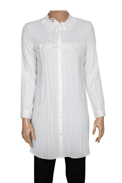 Hazel Kadın Yaka Roba Fırfırlı Kırışık Pamuk Keten Kırık Beyaz Gömlek