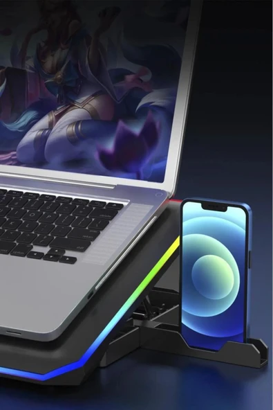 Sarftech CF-04 5 Kademeli Ayarlanabilir Telefon Tutacaklı Dizüstü Bilgisayar RGB Soğutma Fanı Siyah - 2