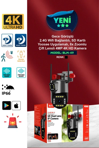 Sarftech 4 MP Sirenli HD IP Kamera Wifi Özellikli Hareket Takipli Gece Sensörlü Çift Lensli Güvenlik Kamerası - 2