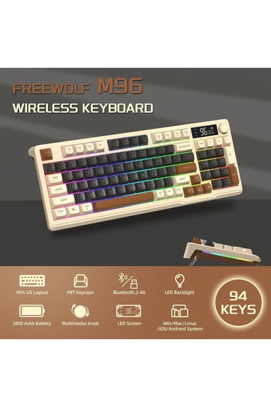 Sarftech Freewolf M96 2.4g Bt5.0 Çift Bağlantılı Tft Led Ekranlı Reinbow Gaming Oyuncu Klavye - 8