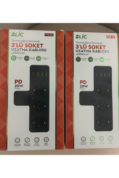 Blic Rose Teknoloji Ftr-12 Termal Akım Korumalı 3 Priz / 3 Usb / 1 Typec 20w Girişli Duvar Tipi 3 Lü Priz