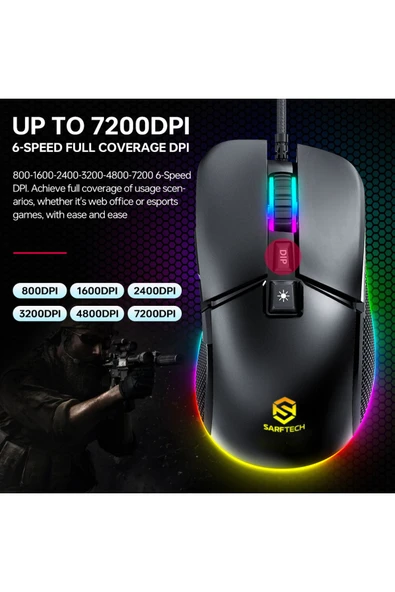 Sarftech Siyah Rgb 7 Tuşlu Drag Click 7.200Dpi Makrolu Yazılım App Destekli Gaming Oyuncu Mouse - 3