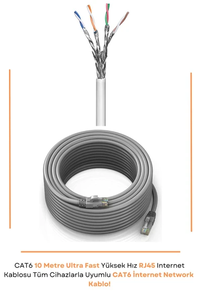 Sarftech CAT6 10 Metre Ultra Fast Yüksek Hız RJ45 Internet Kablosu Tüm Cihazlarla Uyumlu CAT6 Kablo - 3