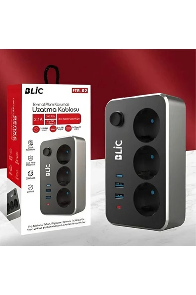 Blic Rose Teknoloji Ftr-02 Termal Akım Korumalı 3 Priz 2 Usb 1 Type-c Girişli 2m Kablolu Üçlü Priz