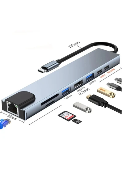 Sarftech 8 İn 1 Usb type-c usb 2.0/3.0 Audio 3.5 TF SD Çevirici Adaptör Çok Portlu Çoklayıcı Usb Hub ürün görseli 1