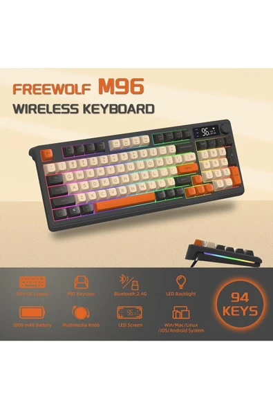 Sarftech Freewolf M96 2.4g Bt5.0 Çift Bağlantılı Tft Led Ekranlı Reinbow Gaming Oyuncu Klavye - 5