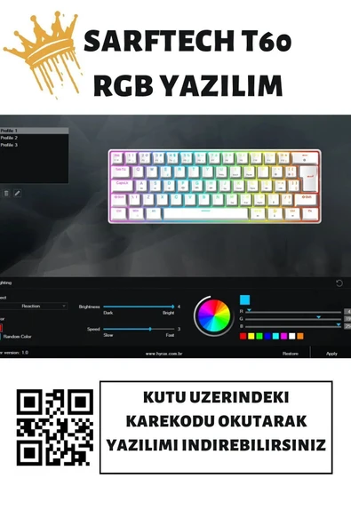 Sarftech T60V Türkçe Q Beyaz Mini Rgb App Uygulamalı Antighosting Mekanik Gaming Oyuncu Klavyesi T60V - 3