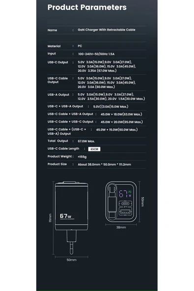 Fulltech 67W HIZLI ŞARJ PREMİUM KALİTE DAHİLİ  TYPE-C + USB-A ÇIKIŞ, MAKARA SİSTEMLİ DAHİLİ TYPE-C KABLOLU - 5