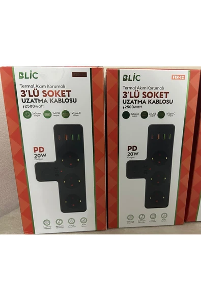 Blic Rose Teknoloji Ftr-12 Termal Akım Korumalı 3 Priz / 3 Usb / 1 Typec 20w Girişli Duvar Tipi 3 Lü Priz - 3