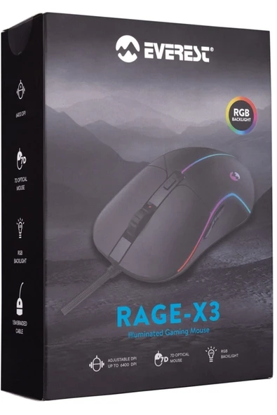 Everest Rage-x3 Usb Siyah 7 Tuşlu Ledli 6400 Dpi Gaming Oyuncu Mouse - 5