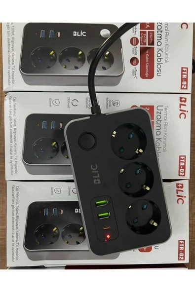Blic Rose Teknoloji Ftr-02 Termal Akım Korumalı 3 Priz 2 Usb 1 Type-c Girişli 2m Kablolu Üçlü Priz - 2