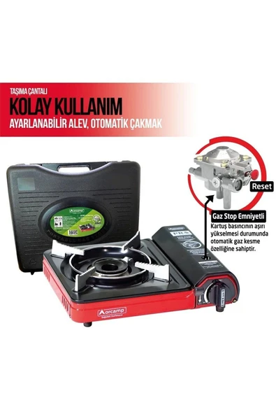 Tekli Portatif Kamp Ocak Gaz Stop Emniyetli Kırmızı - Resim 2