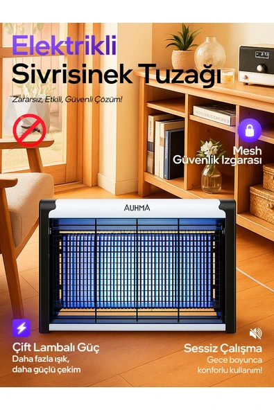auhma Aqm01 Çift Ampullü Elektrikli Sineklik | Sivrisinek Kovucu & Yakalama Cihazı | 30 M² Etki Alan