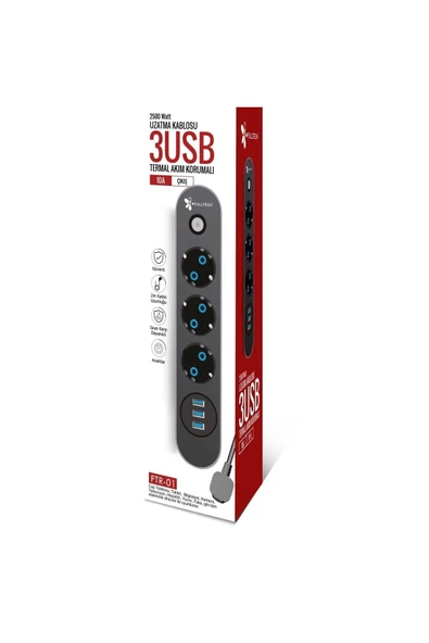 VİGES Fulltech Ftr-01 2500 W Uzatma 3 Usb Termal Akım Korumalı 10a Çıkış 2mt Kablo Anahtarlı