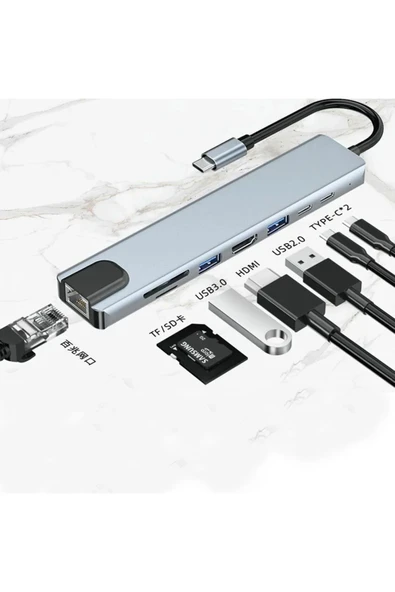 Sarftech 8 İn 1 Usb type-c usb 2.0/3.0 Audio 3.5 TF SD Çevirici Adaptör Çok Portlu Çoklayıcı Usb Hub - 3