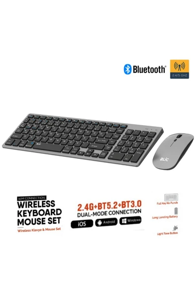 Sarftech Gri Kablosuz Zarif Sessiz Tasarım Dual Mode 2.4G+BT5.2 Klavye Mouse Set İos Android Windows Uyumlu ürün görseli 1