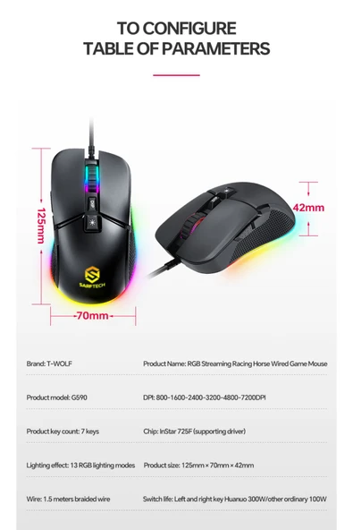 Sarftech Siyah Rgb 7 Tuşlu Drag Click 7.200Dpi Makrolu Yazılım App Destekli Gaming Oyuncu Mouse - 6