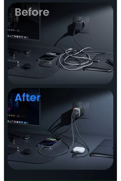 Fulltech 67W HIZLI ŞARJ PREMİUM KALİTE DAHİLİ  TYPE-C + USB-A ÇIKIŞ, MAKARA SİSTEMLİ DAHİLİ TYPE-C KABLOLU - 3