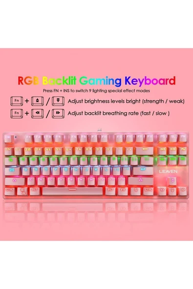 Sarftech Leaven K550 Pembe Usb Led Kablolu 87 Tuşlu Mekanik Oyun Klavyesi - Beyaz (KIRMIZI SWİTCH) - 7