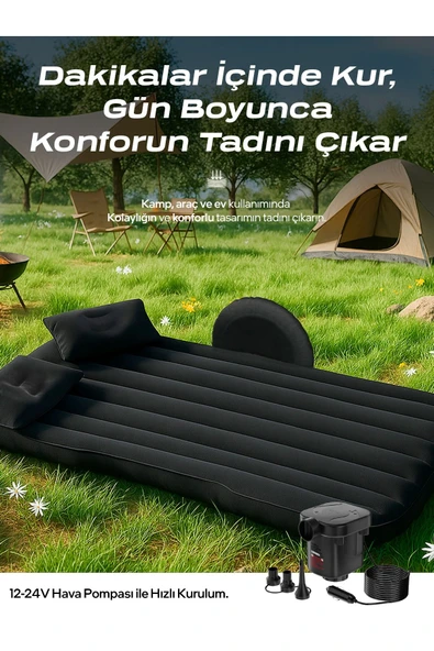 Sarftech Şişme Yatak Araba Ve Kamp Yatağı Çanta Elektrikli Pompa Tamir Kiti Ve Yastıklı Yatak Seti Siyah - 2