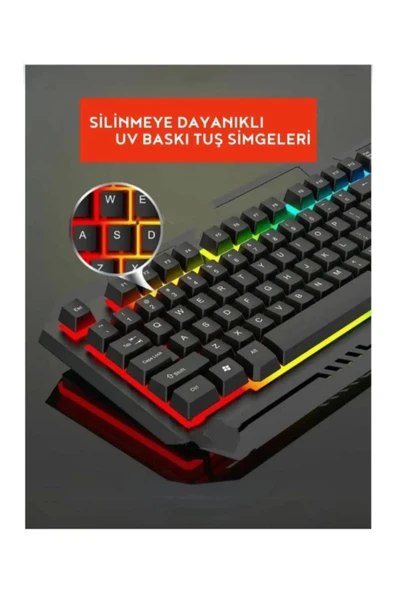 Sarftech Siyah Usb Gökkuşağı Zemin Aydınlatmalı Q Klavye + Mouse Set BKB9 - 3
