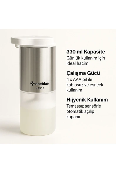 oneblue Hs500 Sensörlü Sıvı Sabunluk – 330 Ml, Köpük Ve Sıvı Sabun Uyumlu, Paslanmaz, - 3