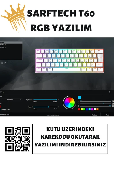 Sarftech T60 Beyaz RGB Klavye Yazılım Uygulamalı Kablolu Gaming Oyuncu Klavyesi T60 - 3