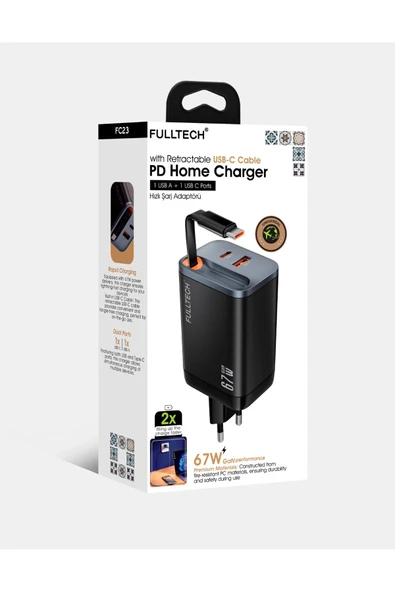 Fulltech 67W HIZLI ŞARJ PREMİUM KALİTE DAHİLİ  TYPE-C + USB-A ÇIKIŞ, MAKARA SİSTEMLİ DAHİLİ TYPE-C KABLOLU