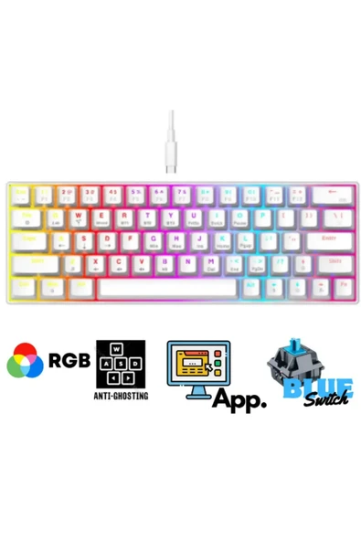 Sarftech T60 %60 Rgb Beyaz App Uygulamalı Blue Switch Kablolu Gaming Klavye Blue Switch Oyuncu Klavyesi