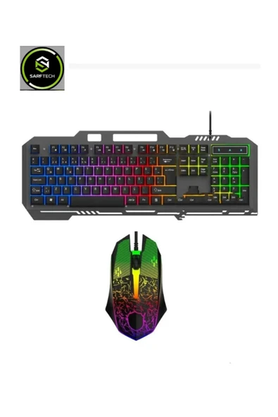 Sarftech Siyah Usb Gökkuşağı Zemin Aydınlatmalı Q Klavye + Mouse Set BKB9