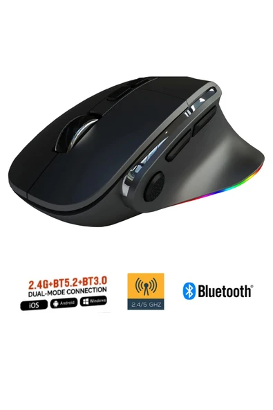 Sarftech Siyah Kablosuz Ergonomik Zarif Tasarım RGB Dual Moude 2.4Ghz+BT5.0 Ofis ve Gaming Oyuncu Faresi