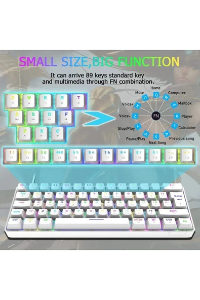 Sarftech Ziyou. %60 Beyaz RGB Uygulamalı Blue Switch Kablolu Gaming Klavye Mavi Switch Rgb Oyuncu Klavyesi - 4