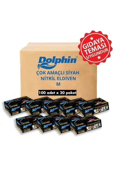 Dolphin Siyah Çok Amaçlı Nitril Eldiven Pudrasız (m) 20 Pk X 100 Adet (koli) ürün görseli