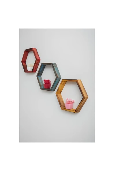 Antalya Kent ekipmanları 3'lü Ahşap Renkli Beşgen Dekorasyon Raf - 3