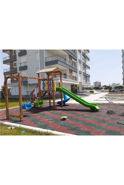 Antalya Kent ekipmanları Ahşap İki Kaydıraklı İki Salıncaklı Kuleli Çocuk Oyun Parkı Seti - 3