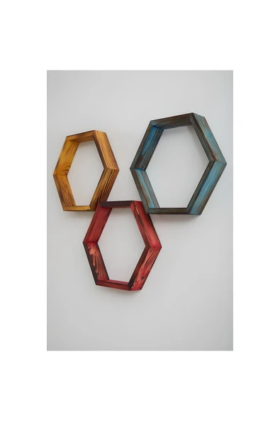 Antalya Kent ekipmanları 3'lü Ahşap Renkli Beşgen Dekorasyon Raf - 2