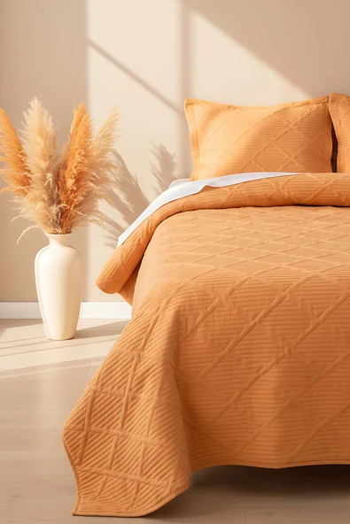 Rivaİstanbul Edda Hardal Nakışlı Çift Kişilik Yatak Örtüsü Takımı 3 Parça Uyku Seti ürün görseli 1