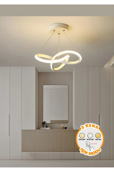 Dekorluna Modern Forte Beyaz Tekli 3 Renk Işıklı Power Ledli Salon Mutfak Oda Hol Ledli Avize