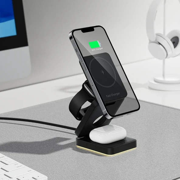 3'ü 1 Arada Kablosuz Şarj Aleti - Apple Watch, AirPods ve Telefonlar için - 15W Manyetik Şarj - Siyah/Beyaz