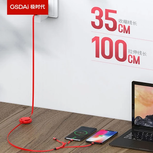 Üç Girişli (Type-C, Lightning, Micro USB) Katlanabilir Şarj Kablosu - Kırmızı