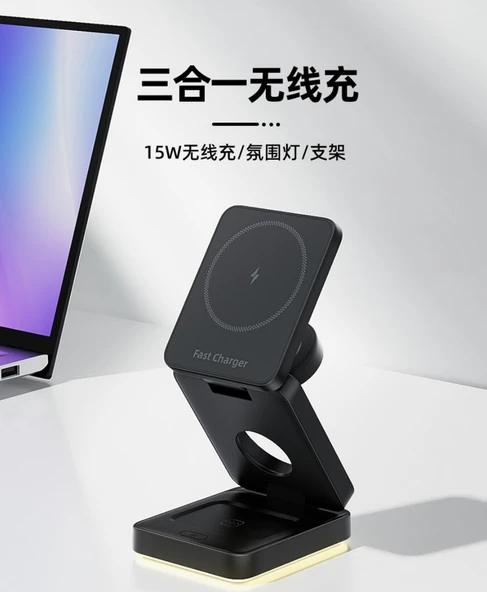 3'ü 1 Arada Kablosuz Şarj Aleti - Apple Watch, AirPods ve Telefonlar için - 15W Manyetik Şarj - Siyah/Beyaz - 3