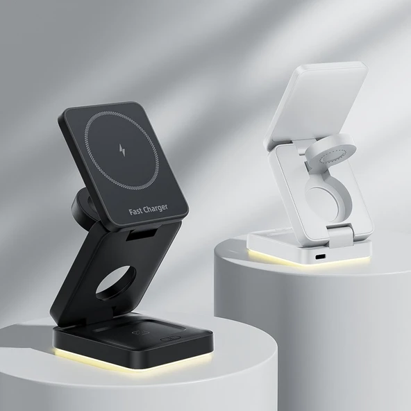 3'ü 1 Arada Kablosuz Şarj Aleti - Apple Watch, AirPods ve Telefonlar için - 15W Manyetik Şarj - Siyah/Beyaz - 2