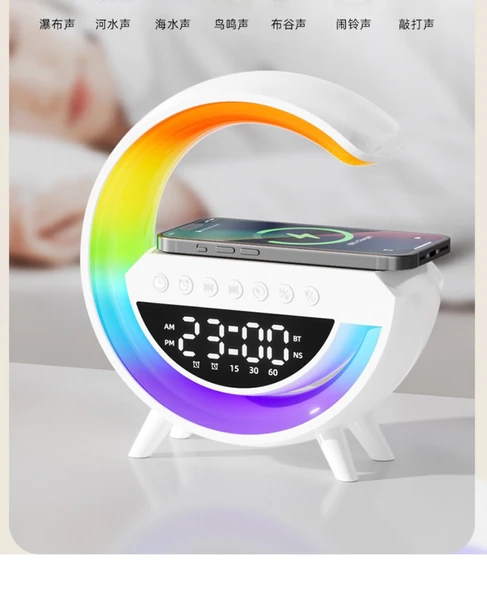 Çok Fonksiyonlu Speaker Saat Alarm ve Kablosuz Şarj Cihazı - Beyaz - 9