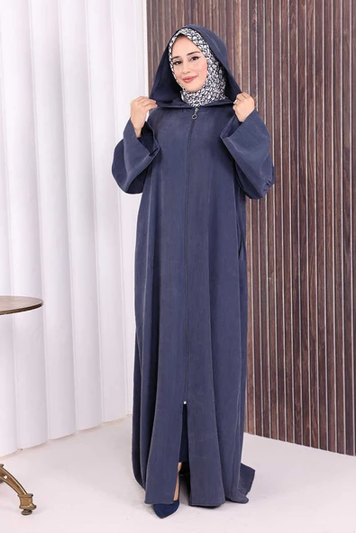 Fermuarlı Kapüşonlu Ferace 70016 Lacivert - Resim 3